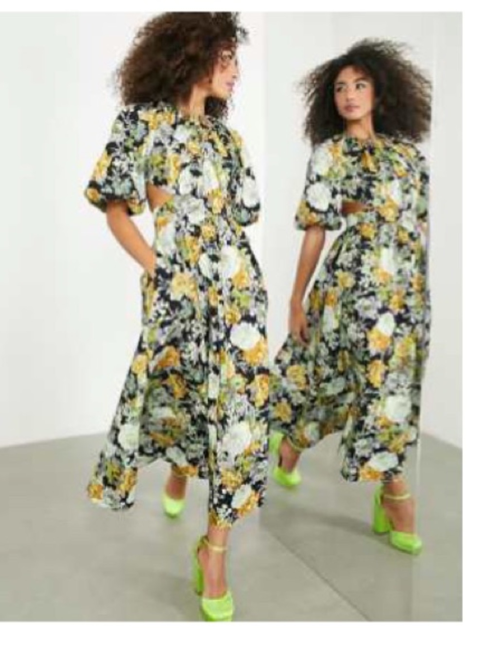 ASOS Edition Floral Cutout Midi Dress Bold Print Puff Sleeve Flowy Summer Dress